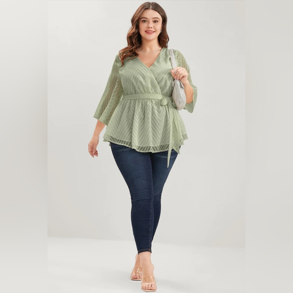 Geometric Mesh Surplice Neck Belted Ruffles Blouse